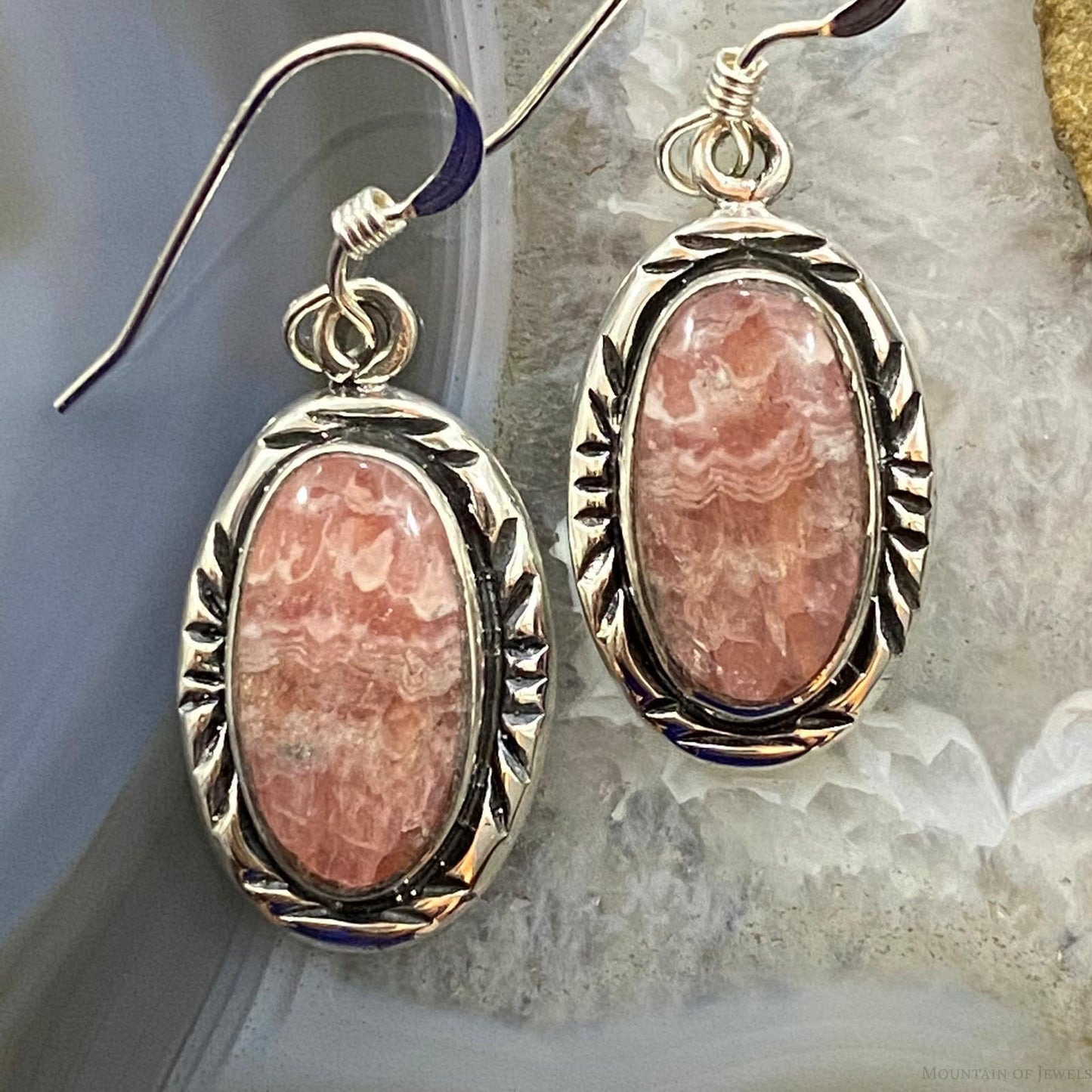 Native American Sterling Silver Oval Rhodochrosite Dangle Earrings For Women