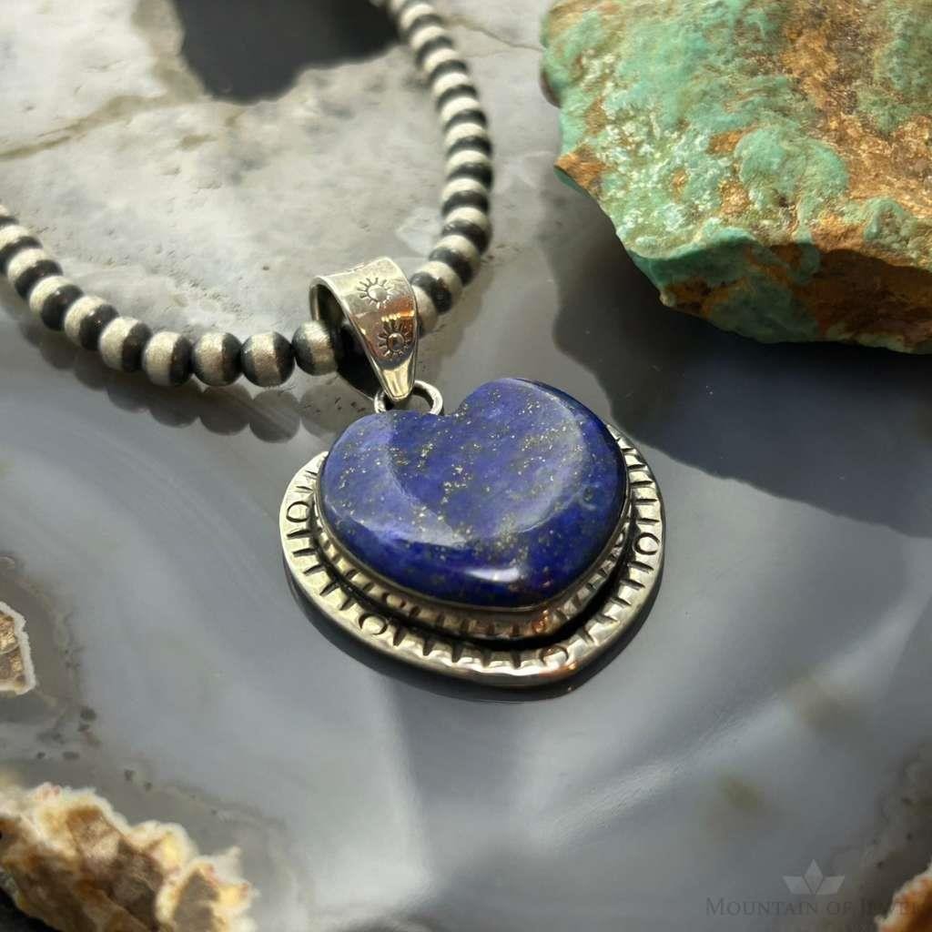 Sterling Silver Southwestern Style Lapis Heart Decorated Pendant For Women #3