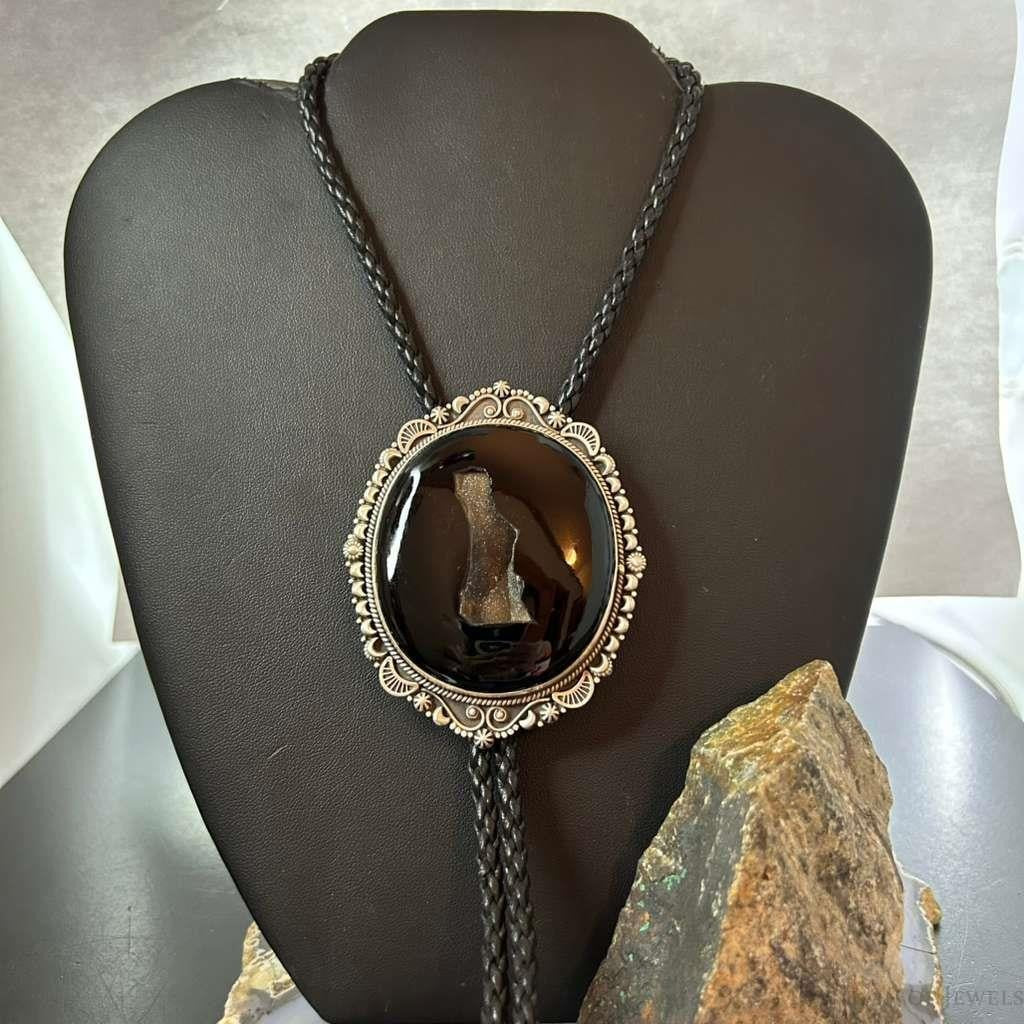 Sterling Silver Southwestern Style Large Round Onyx Decorated Bolo Tie For Men