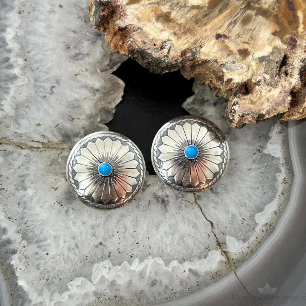 Native American Sterling Silver Concho w/Turquoise Dot Stud Earrings For Women