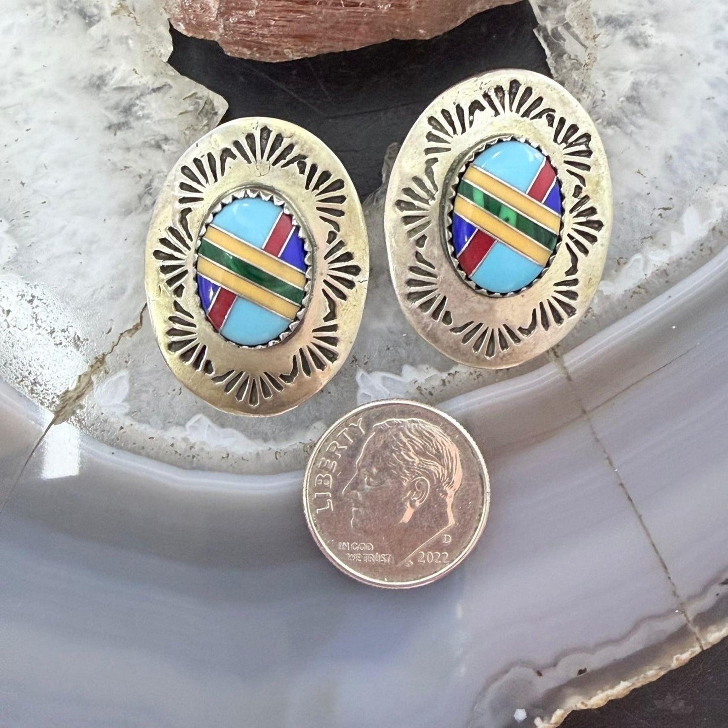 Signed Native American Sterling Silver Multi Stone Inlay Post Earrings For Women