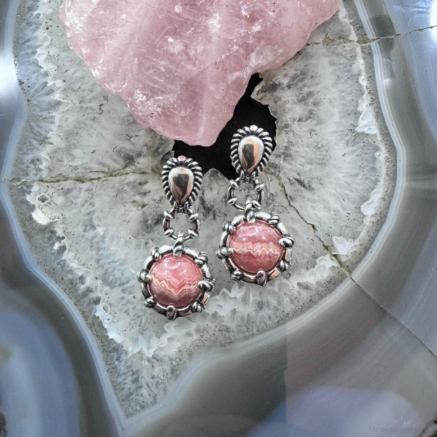 Carolyn Pollack Sterling Silver Round Rhodochrosite Decorated Dangle Earrings For Women