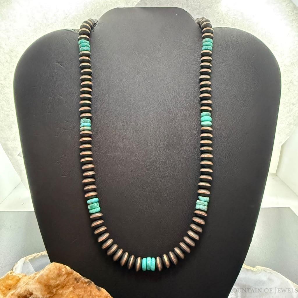 Southwestern Style 8mm Copper Navajo Pearl Saucer & Turquoise 18"-20" Necklace