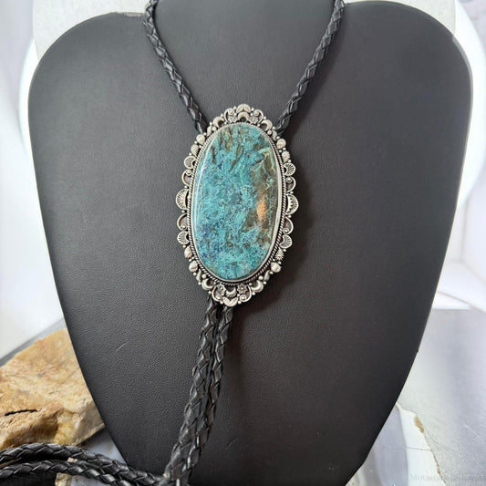 Sterling Silver Southwestern Style Large Oval Chrysocolla Bolo Tie For Men
