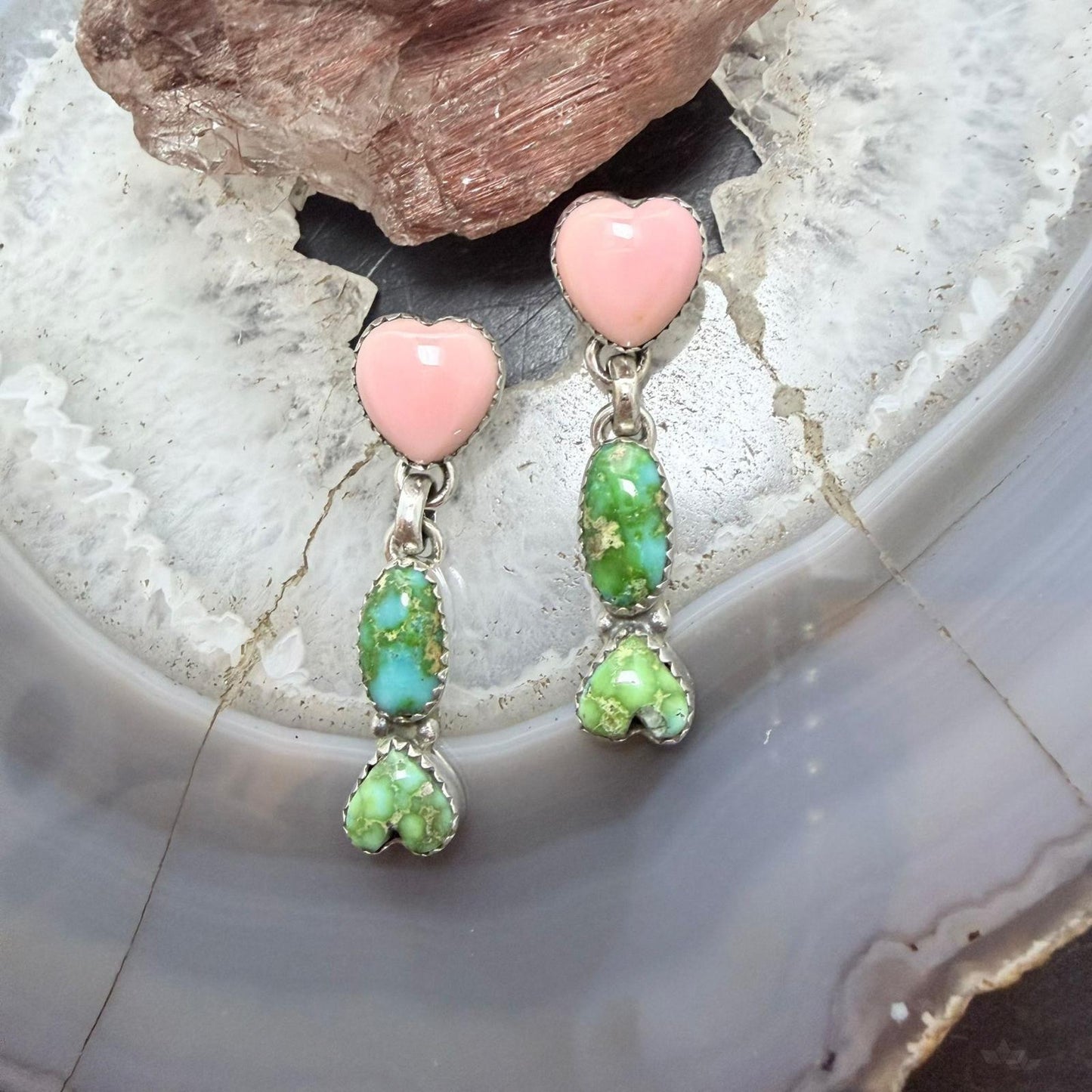 Sterling Silver Southwestern Style Sonora Gold Turquoise & Pink Conch Dangle Earrings For Women