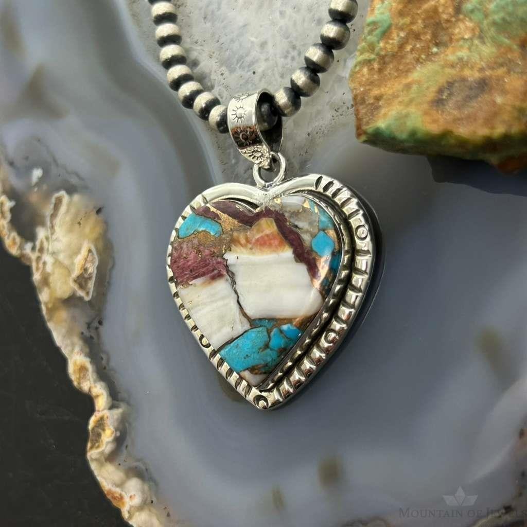 Sterling Silver Southwestern Style Turquoise Spiny Oyster Heart Pendant For Women #1