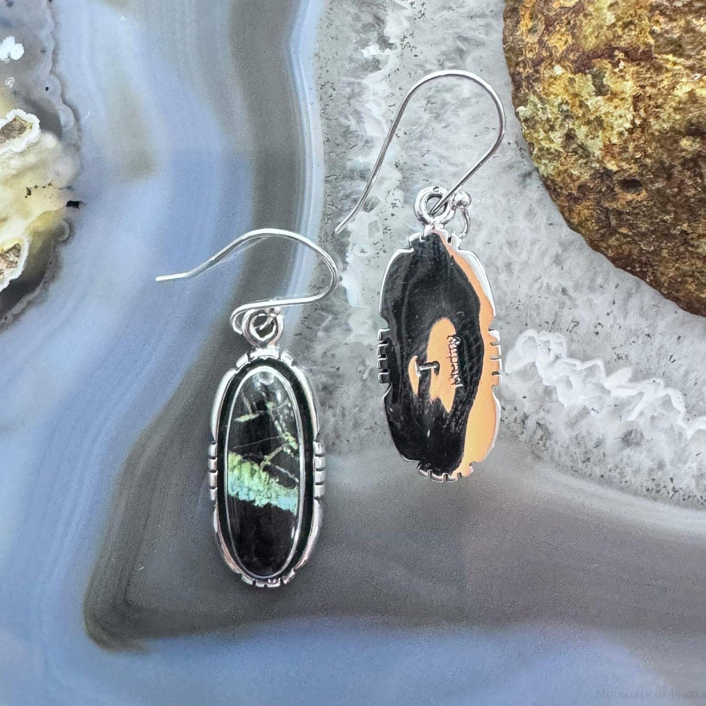 Native American Sterling Silver Oval Blackjack Dangle Earrings For Women