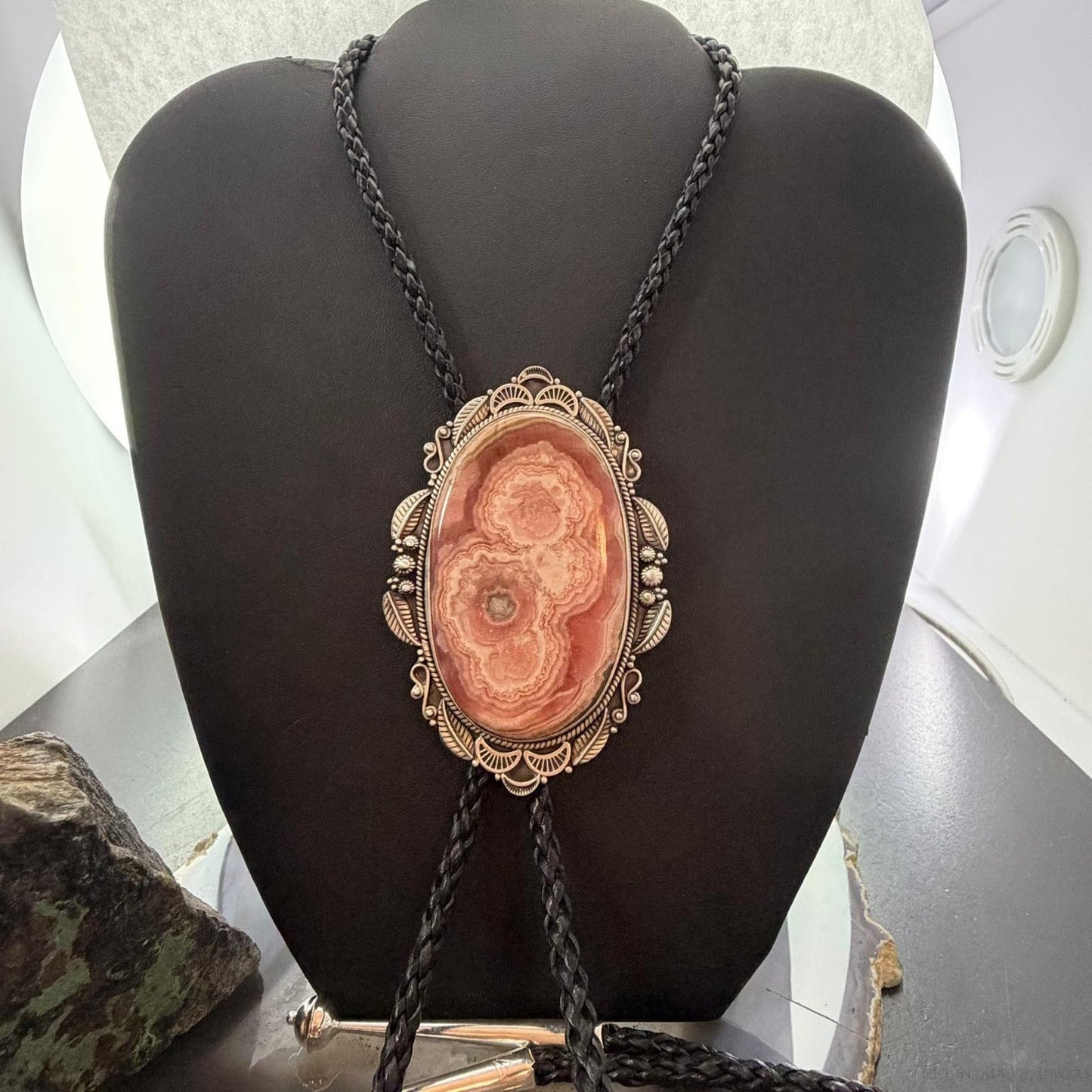 Sterling Silver Southwestern Style Oval Large Rhodochrosite Bolo Tie For Men