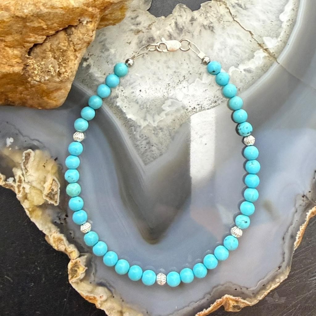 Sterling Silver 4mm Turquoise & Ridged Silver Beads 7.25" Bracelet For Women