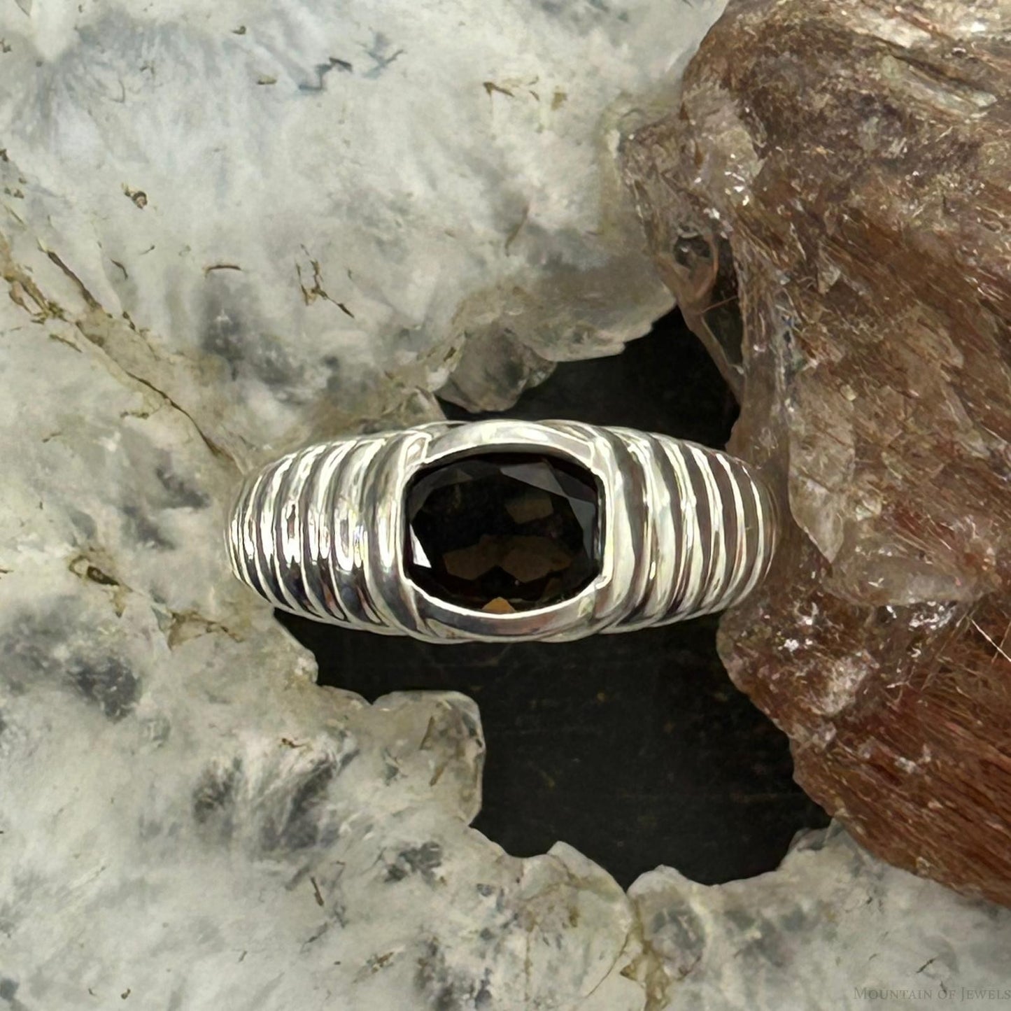 Carolyn Pollack Sterling Silver Faceted Smokey Quartz Decorated Ring Size 6.25 For Women