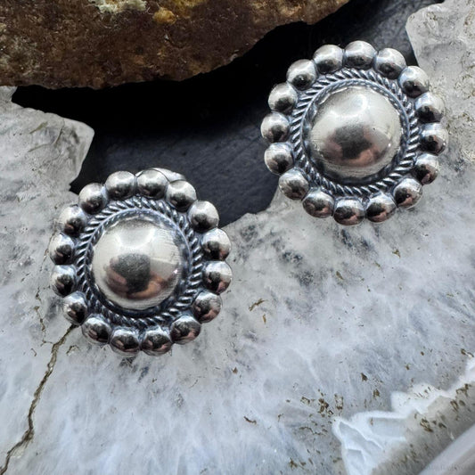 Native American Sterling Silver Round Dome Decorated Stud Earrings For Women