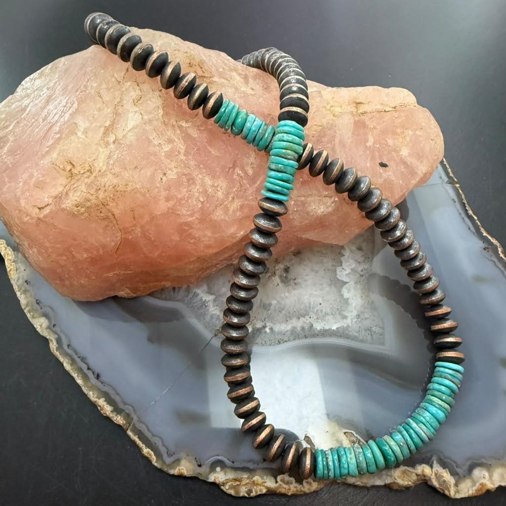 Southwestern Style Turquoise & 8mm Copper Navajo Pearl Saucer 18"-20" Necklace For Women