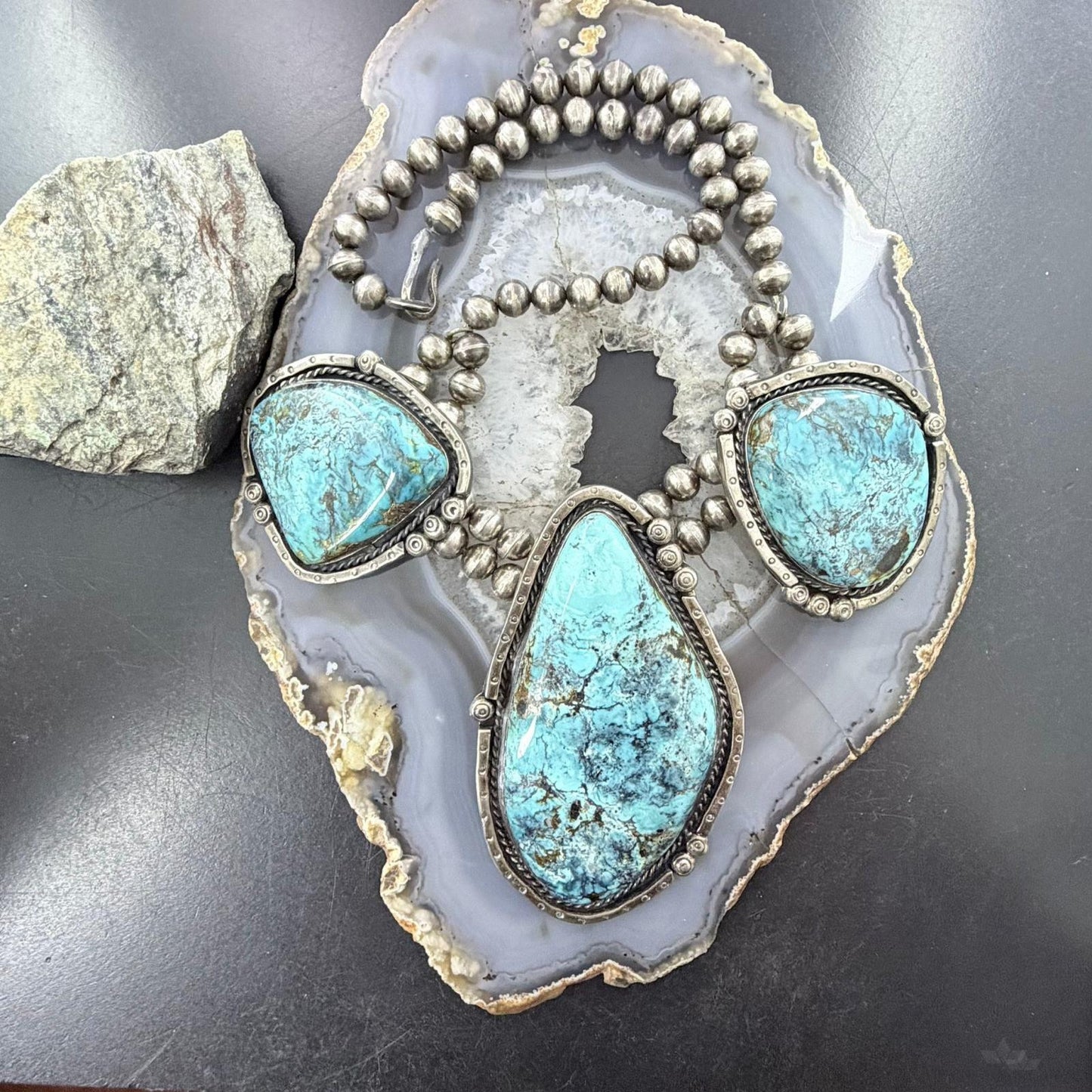 Vintage Silver Native American Large Blue Diamond Turquoise Necklace For Women