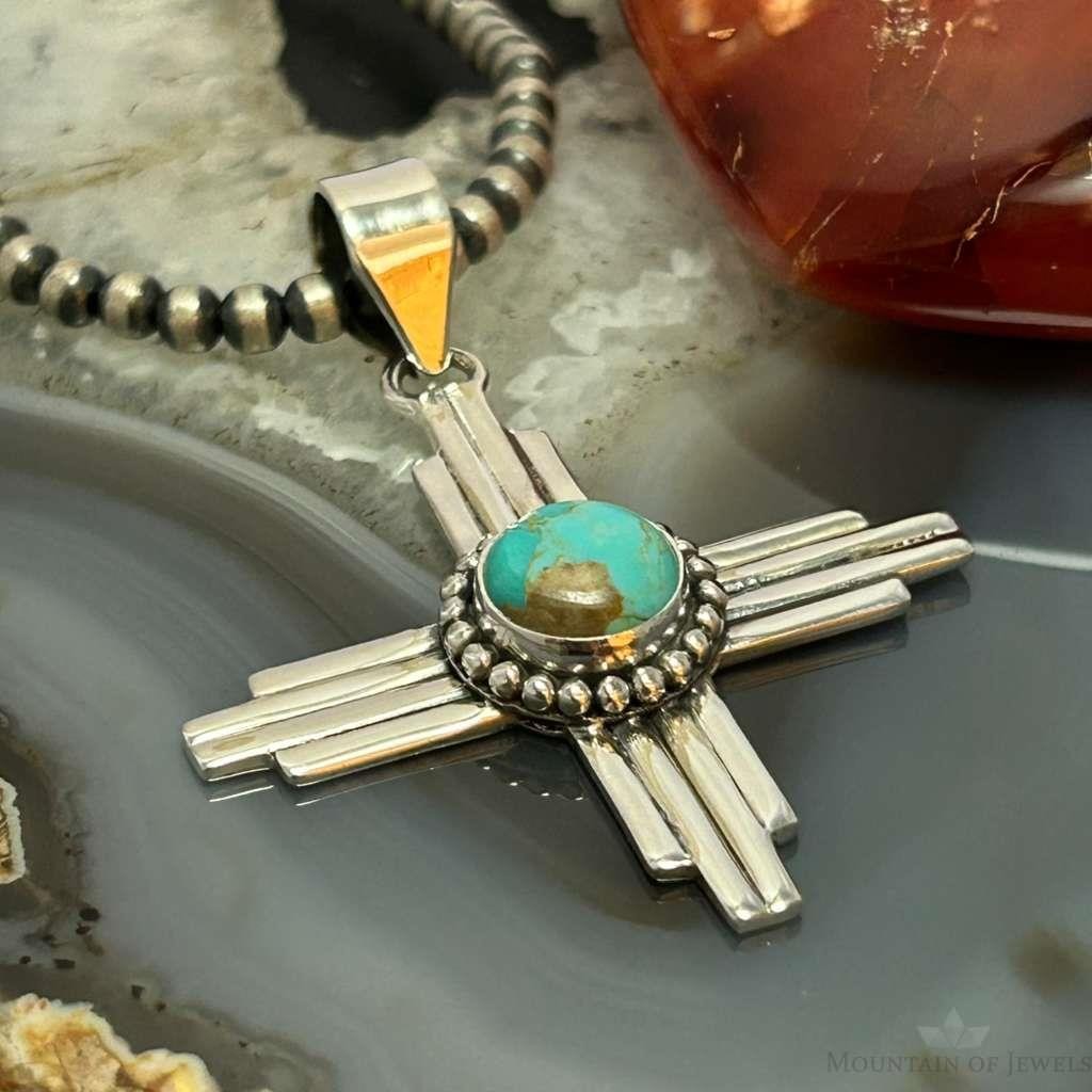 Sterling Silver Southwestern Style Round Mohave Turquoise Unisex Zia Pendant