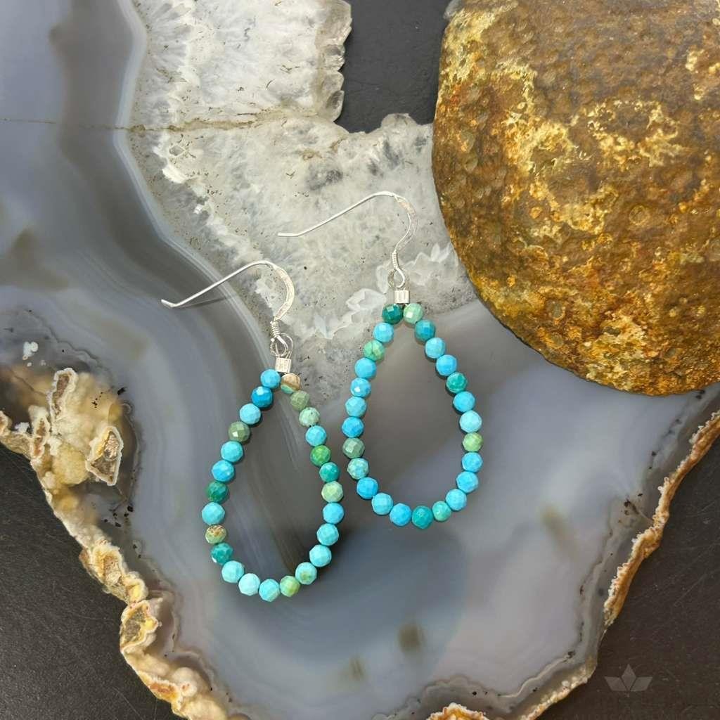 Sterling Silver Faceted Variety of Turquoise Shades Beads Hoop Earrings For Women