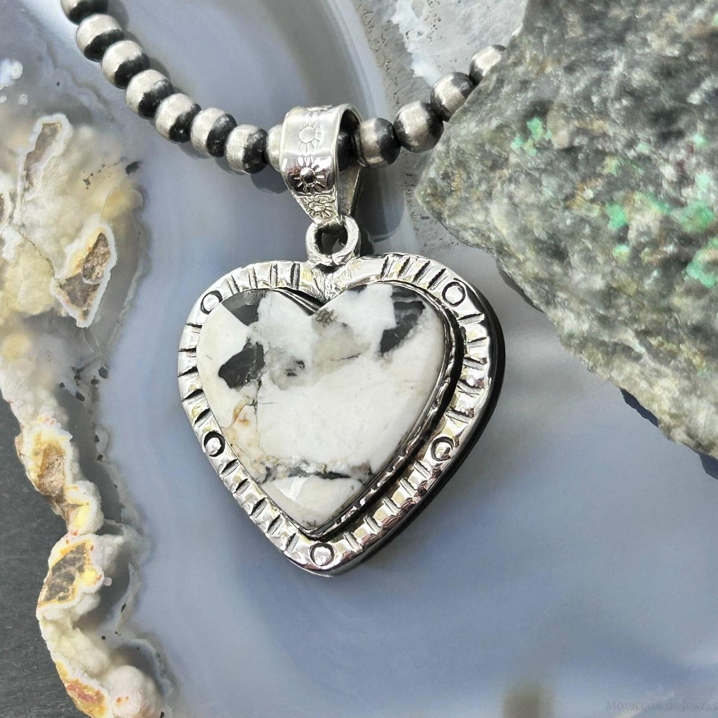 Sterling Silver Southwestern Style White Buffalo Decorated Heart Pendant For Women #3
