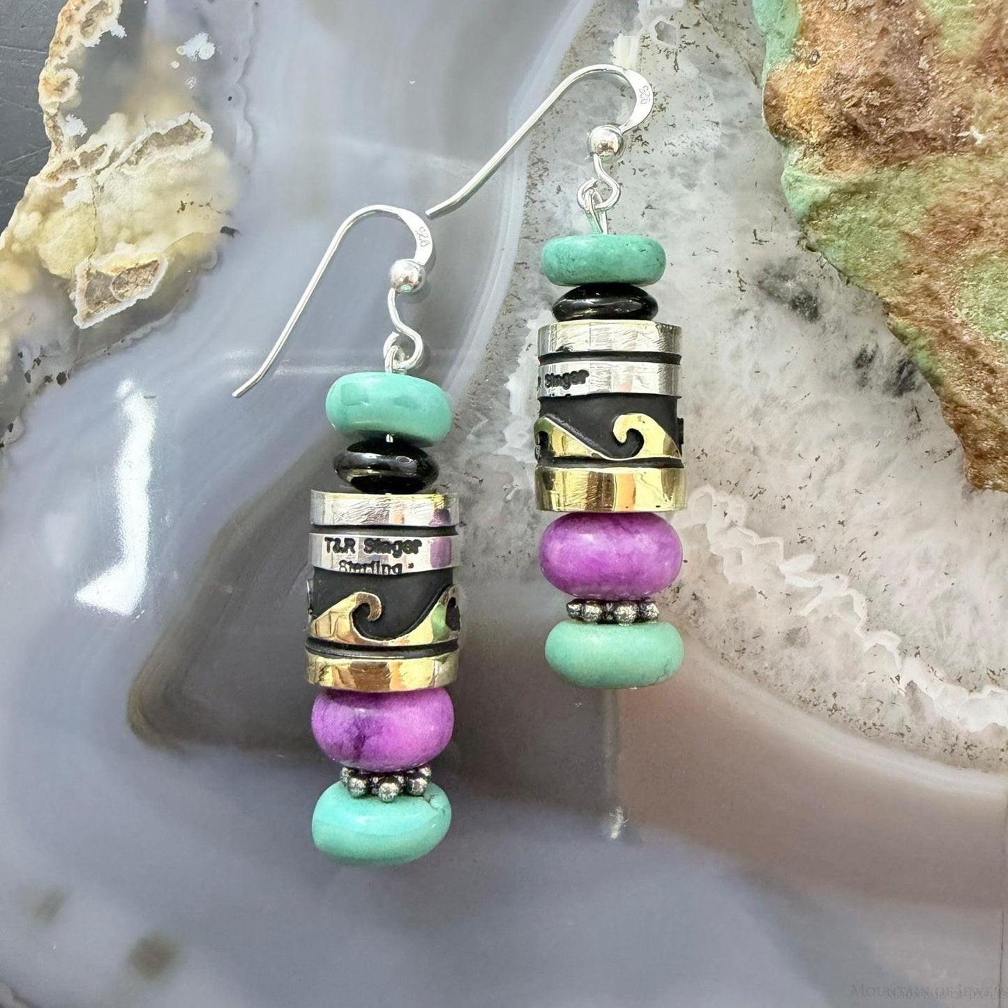 Tommy & Rosita Singer Sterling Silver Turquoise & Charoite Beads Dangle Earrings For Women