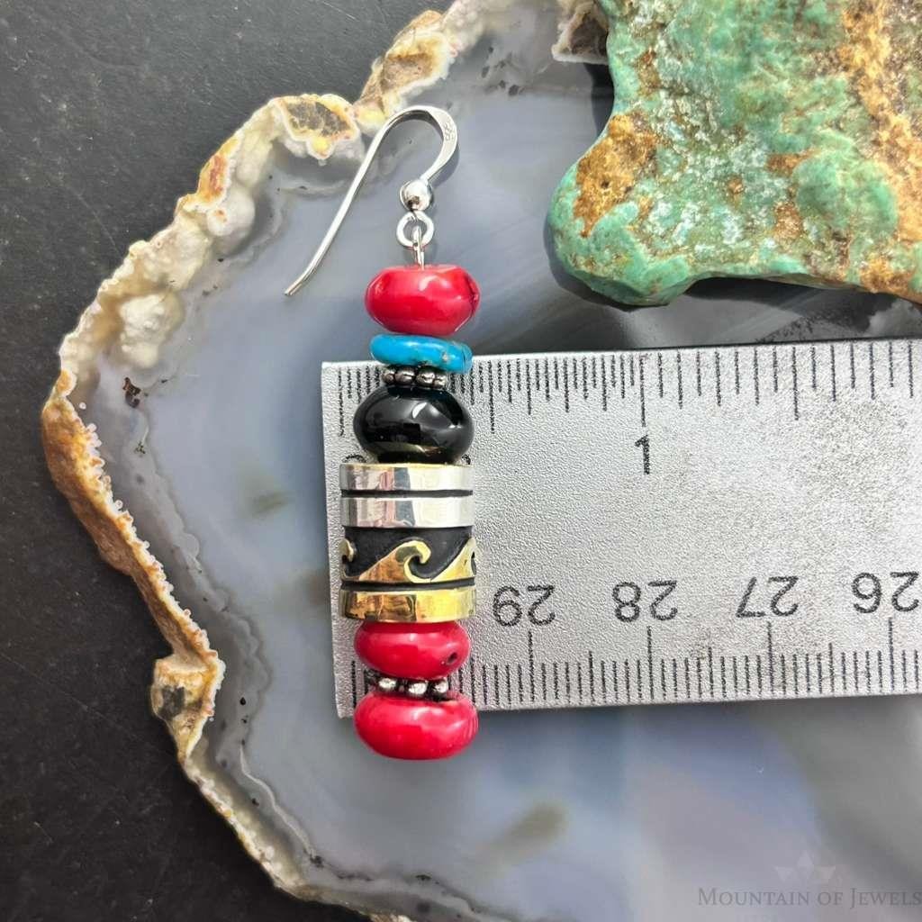 Tommy & Rosita Singer Sterling  Silver Coral, Onyx, Turquoise Bead Dangle Earrings For Women