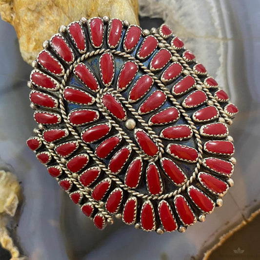 Native American Sterling Silver Block Coral Cluster Decorated Bracelet For Women