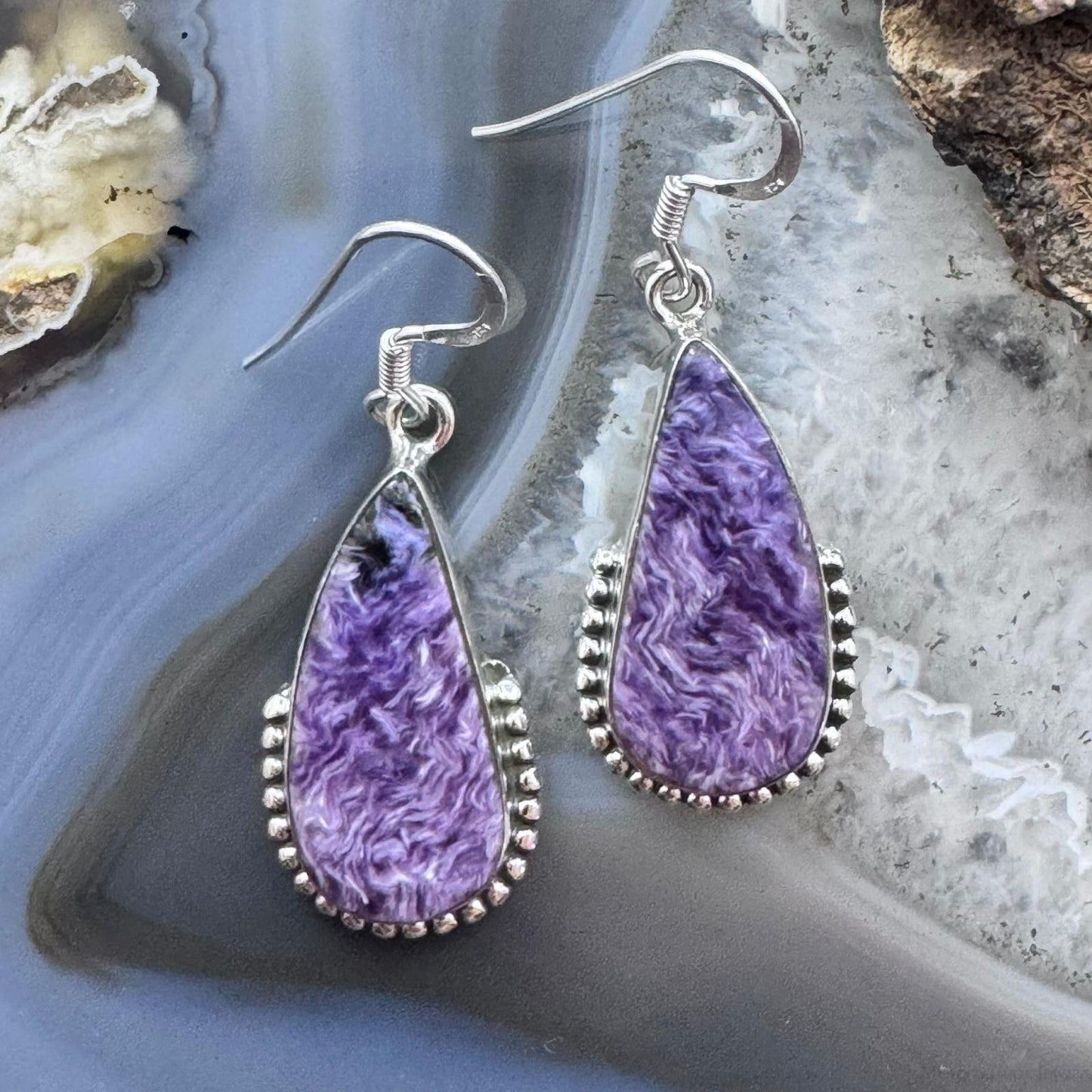 Sterling Silver Southwestern Style Teardrop Charoite Decorated Dangle Earrings For Women