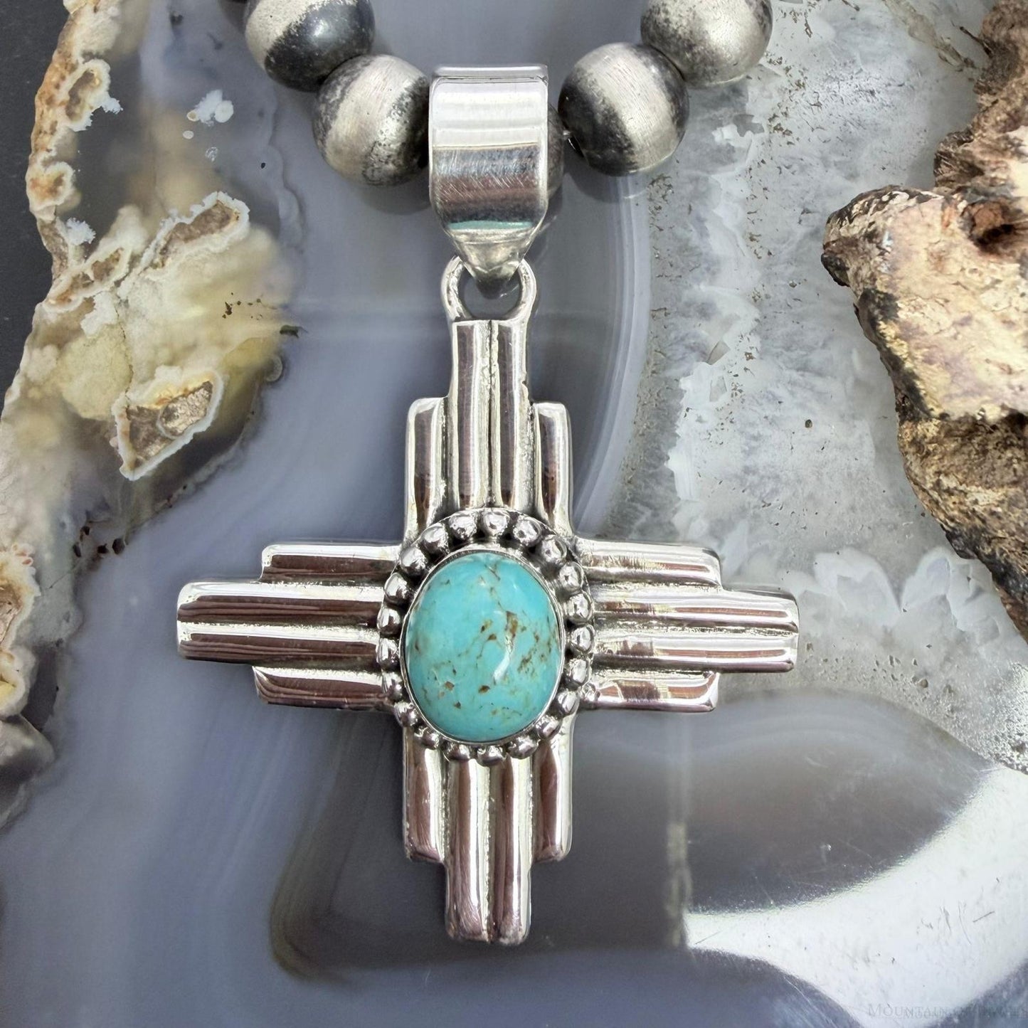 Sterling Silver Southwestern Style Oval Mohave Turquoise Unisex Zia Pendant #3