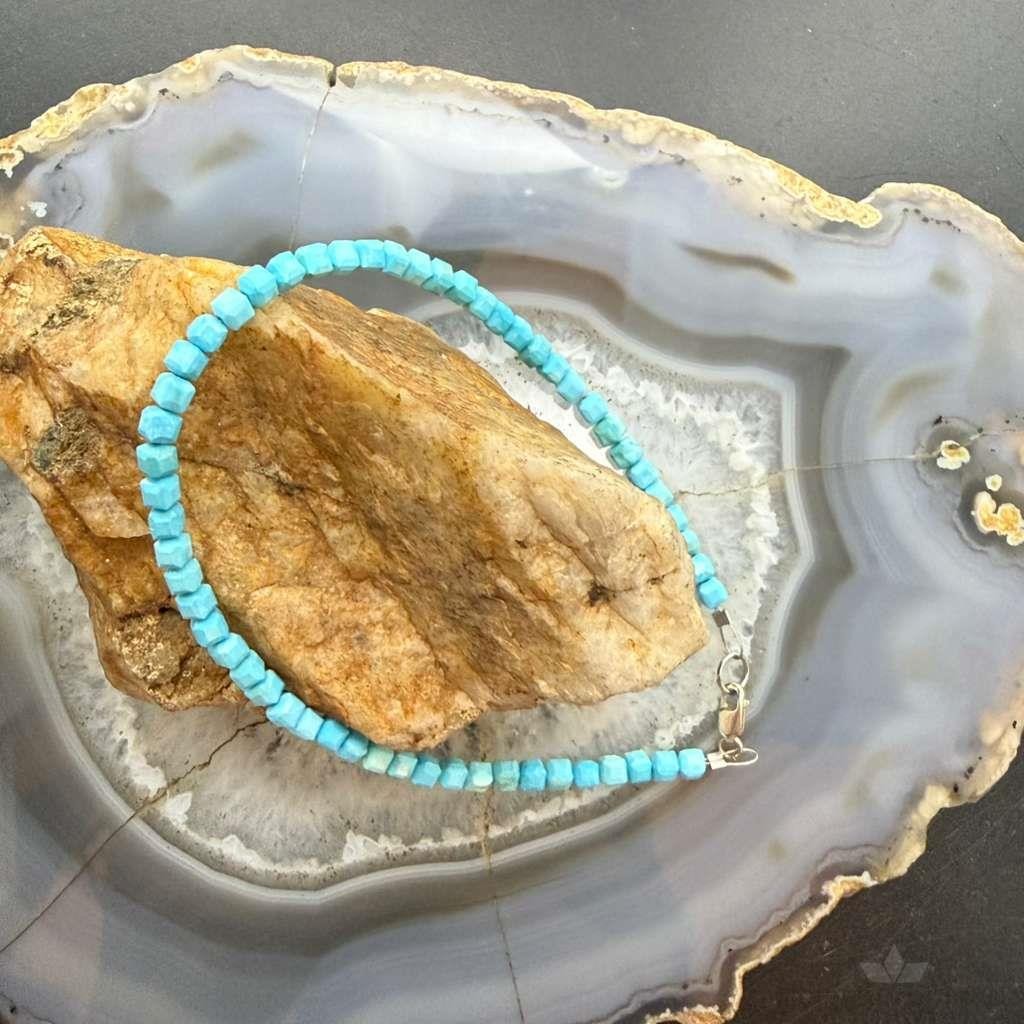 Sterling Silver Faceted Square Turquoise Beads Bracelet/Anklet For Women