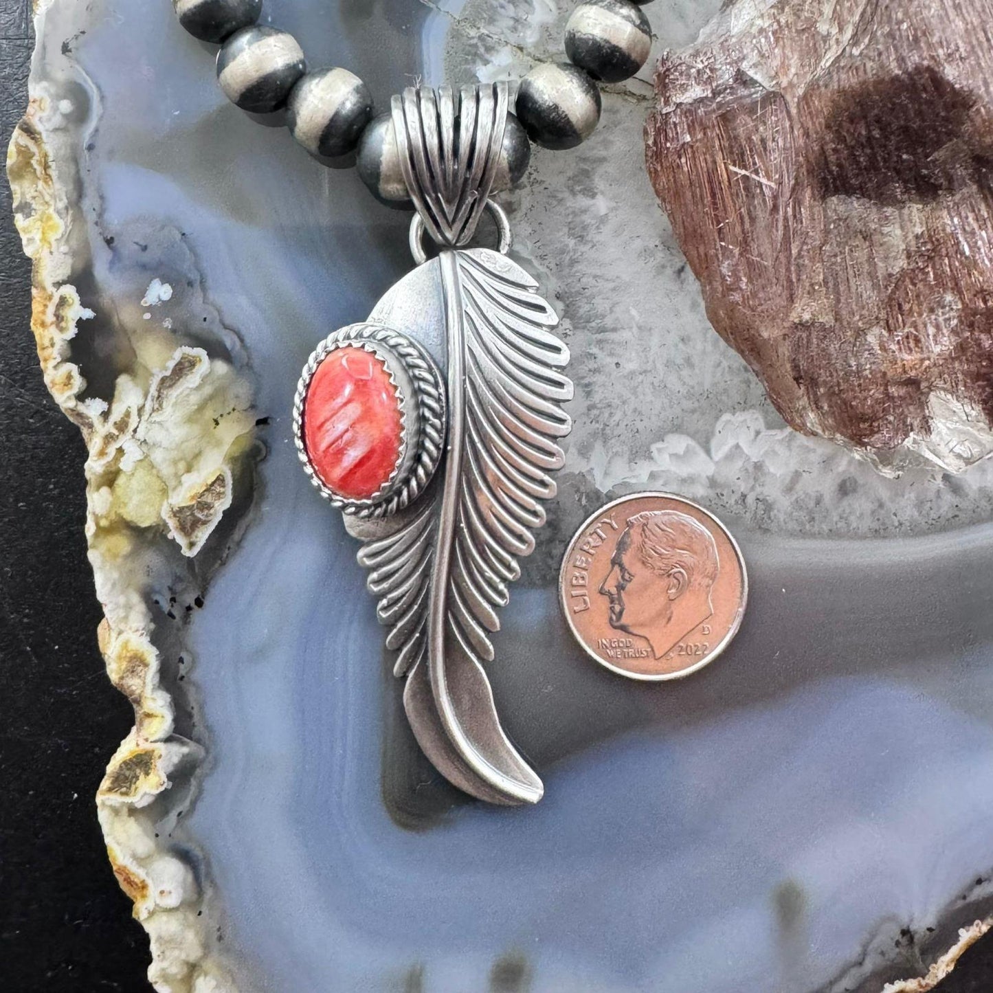 Native American Sterling Silver Orange Spiny Oyster Feather Pendant For Women