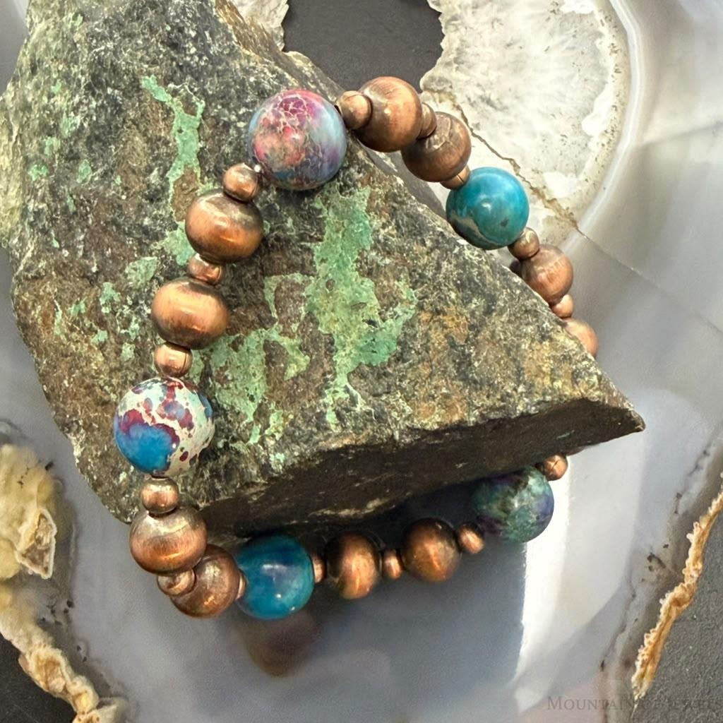 Southwestern Style 4-8mm Copper Navajo Pearl Beads &10mm Jasper Stretch Bracelet For Women