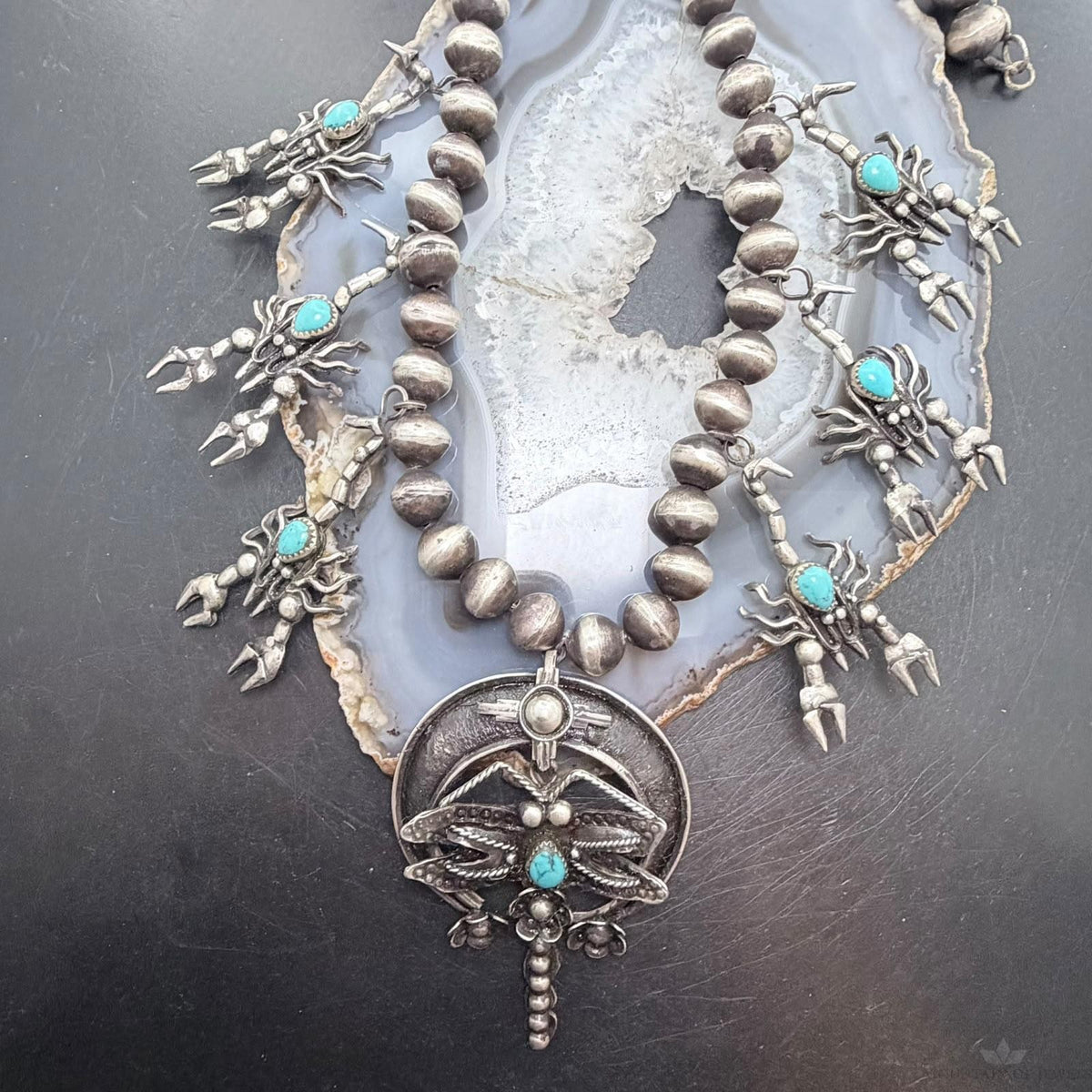 Frank Valdez Native American Sterling Silver Scorpions w/Navajo Pearl Unisex Necklace