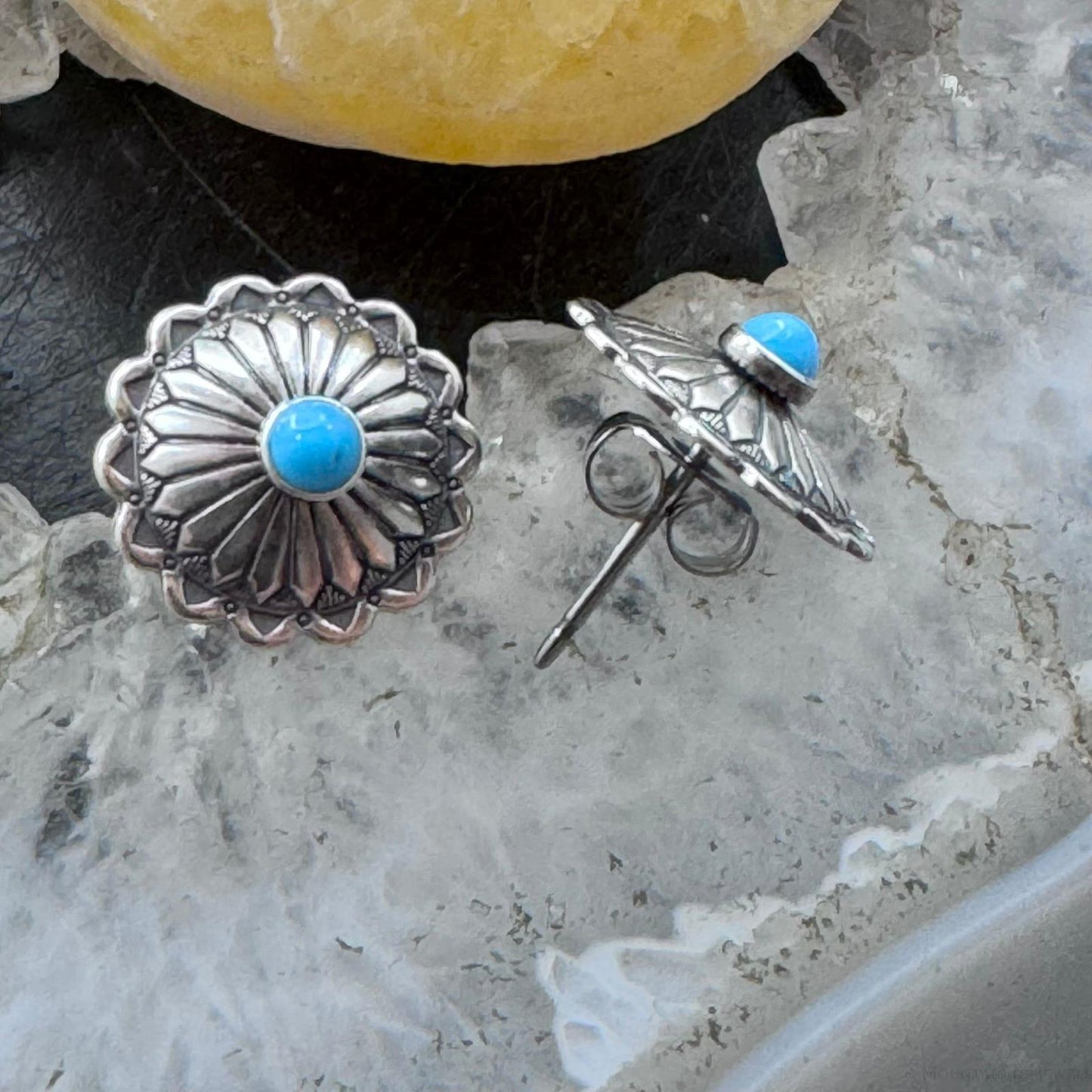 Native American Sterling Silver Repousse Concho with Turquoise Dot Stud Earrings