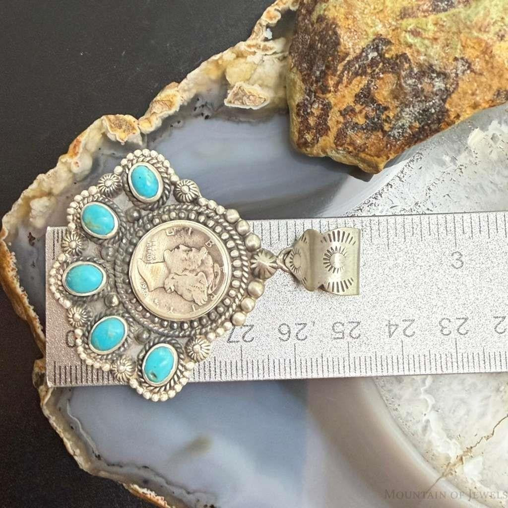 Sterling Silver Southwestern Style 1939 Mercury Dime & Kingman Turquoise Pendant