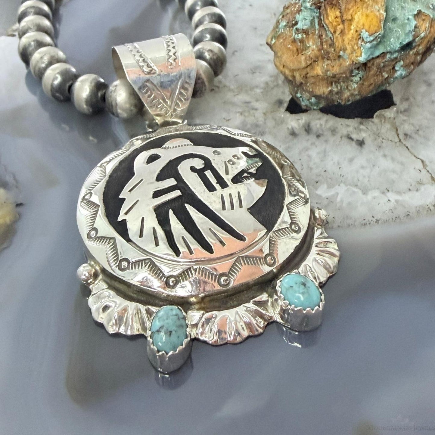 Alonzo Mariano Native American Sterling Silver Overlay Fetish Bear w/Turquoise Unisex Pendant