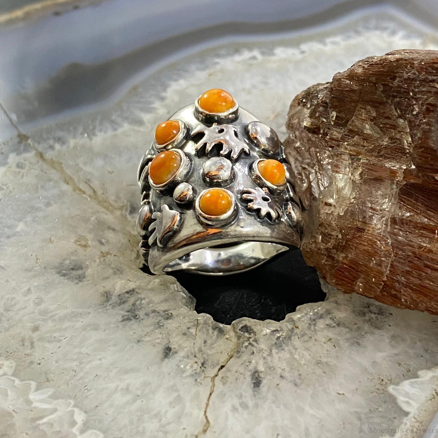 Carolyn Pollack Southwestern Style Sterling Silver 5 Orange Spiny Oyster Petroglyph Ring For Women