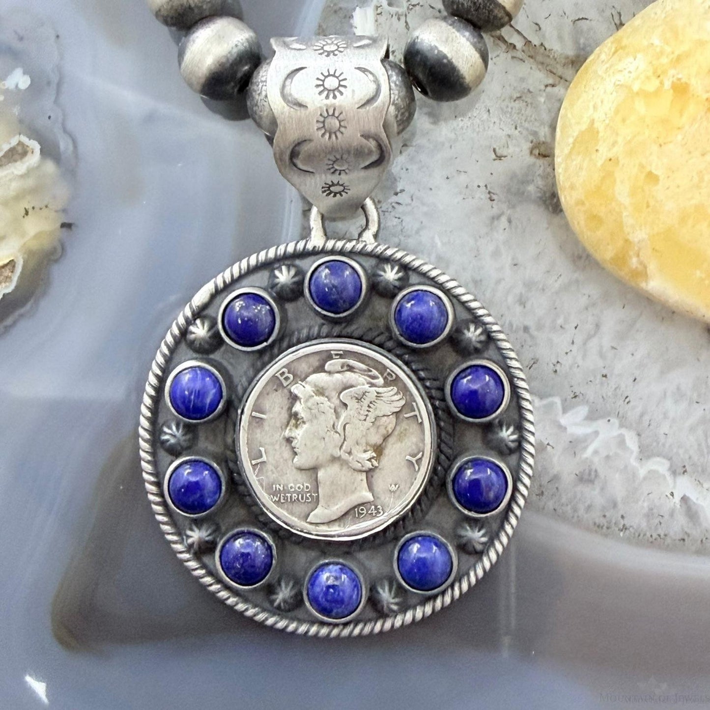 Genuine 1943 90% Silver Mercury Dime Coin w/Lapis Decorated Unisex Pendant