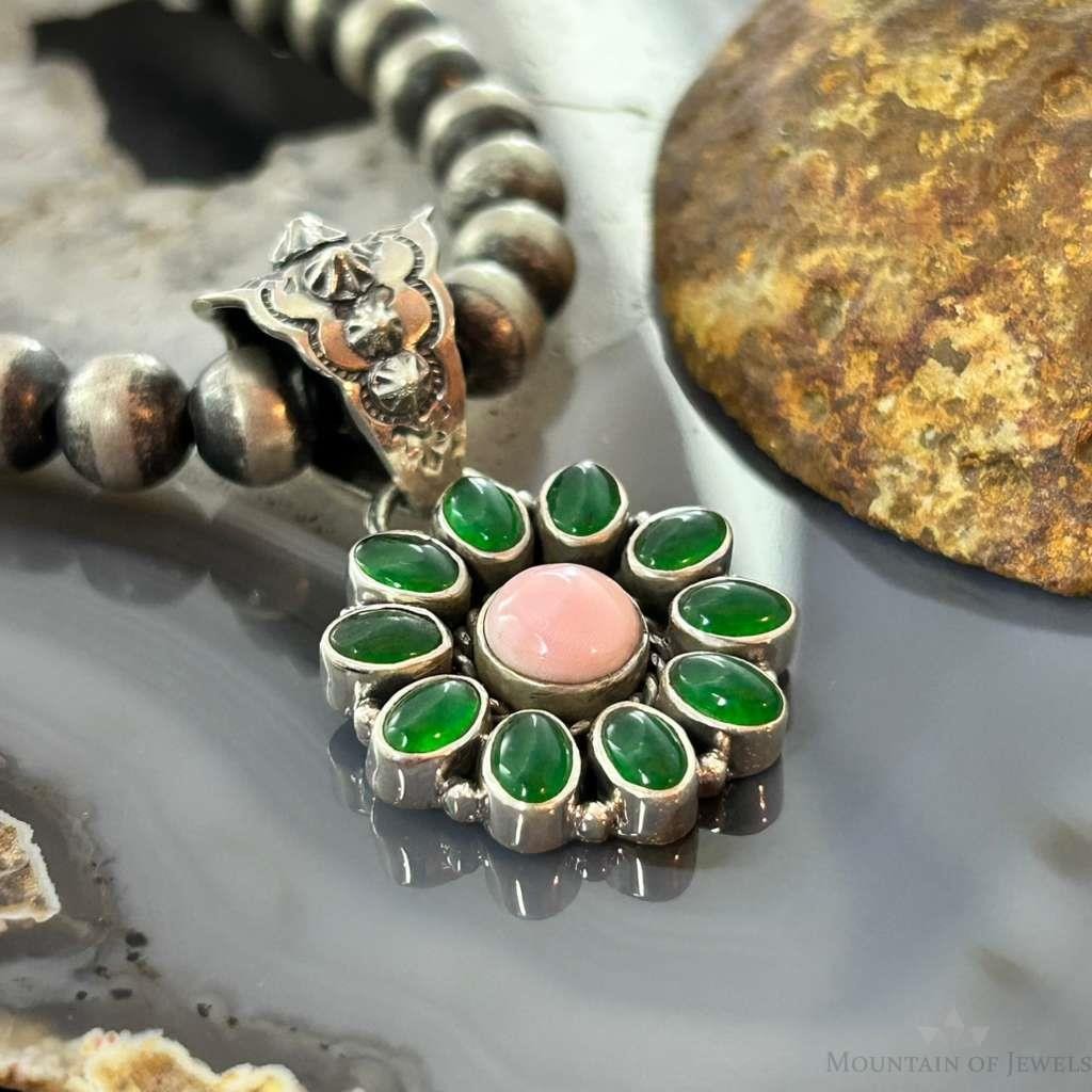Native American Sterling Silver Pink Conch &Chalcedony Cluster Pendant For Women
