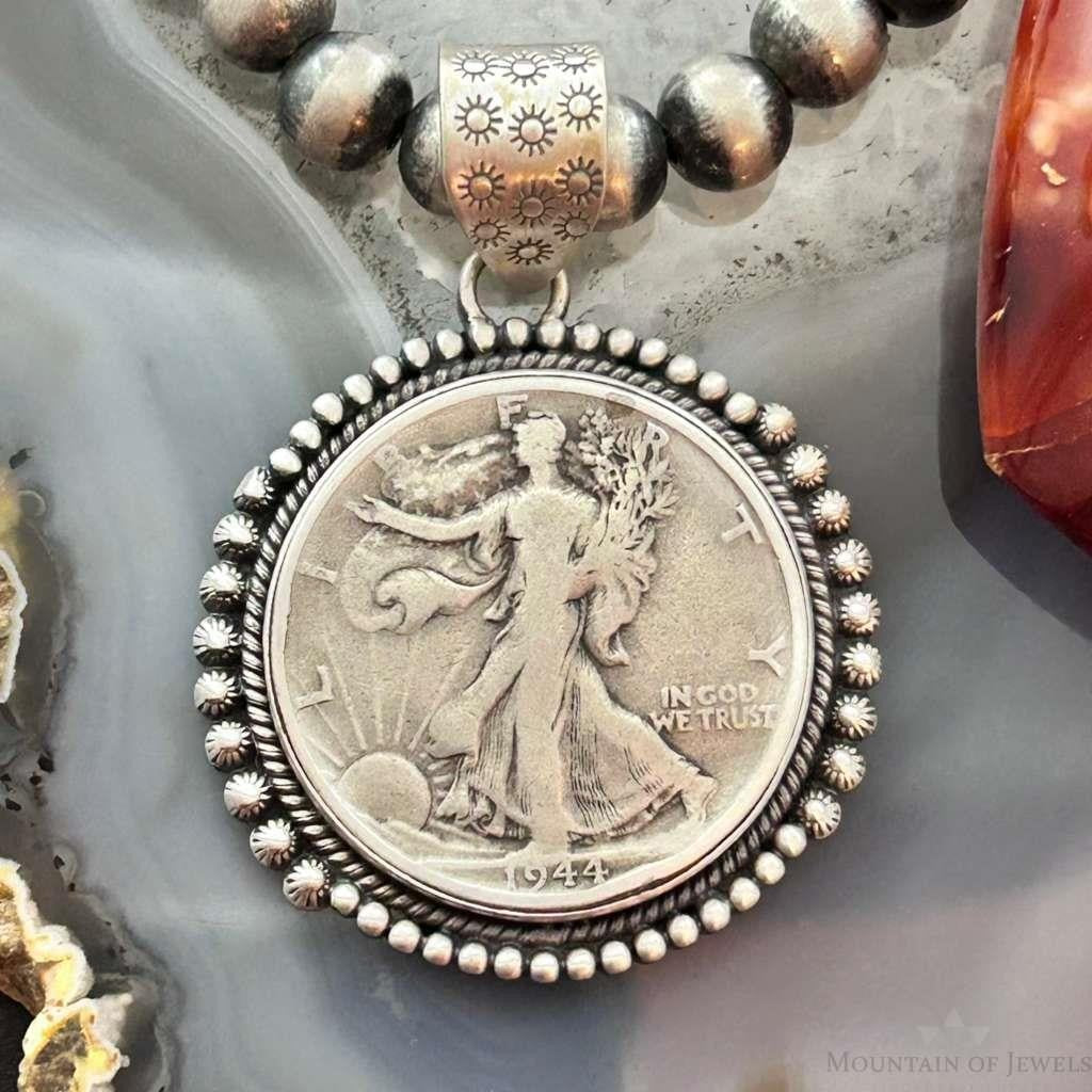 Genuine 90% Silver 1944 US Walking Liberty Half Dollar Decorated Unisex Pendant