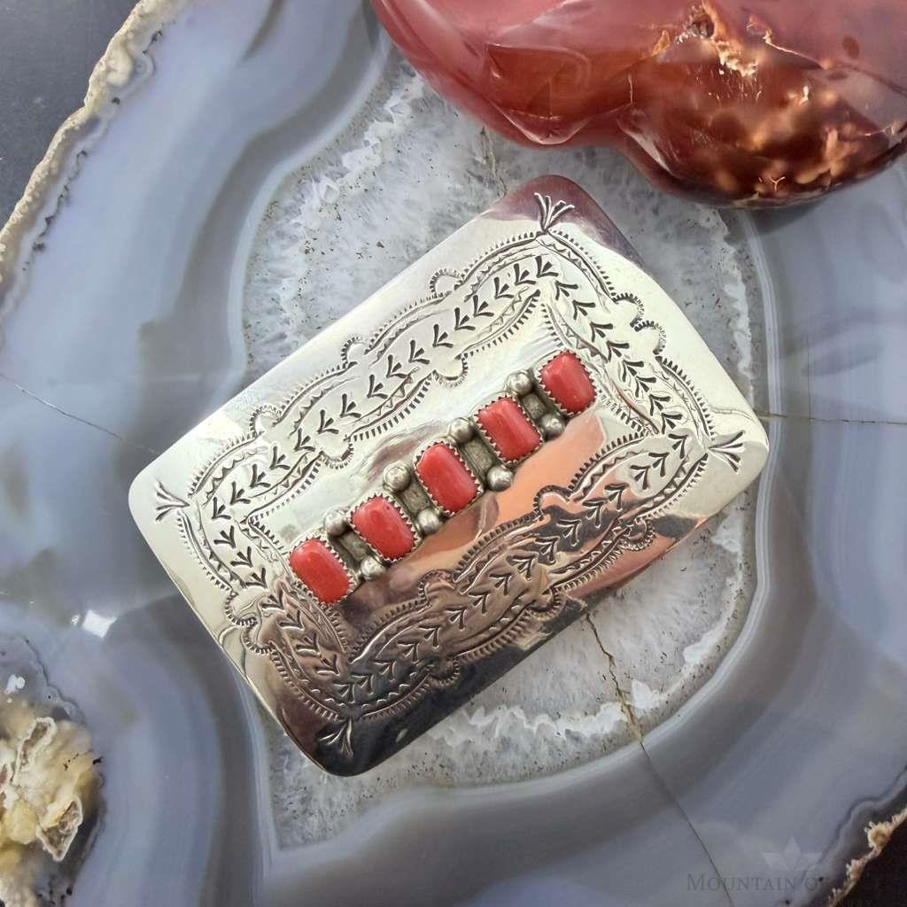 Joann Begay Native American Sterling Silver 5 Coral Stamped Belt Buckle For Men