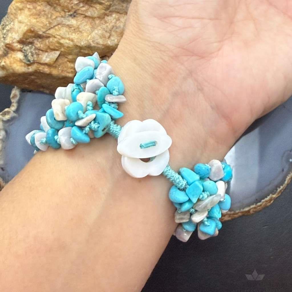 Sterling Silver Natural Turquoise and MOP Beads 6" Bracelet For Women
