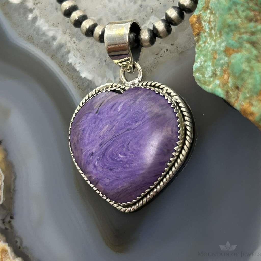 Sterling Silver Southwestern Style Charoite Heart Pendant For Women #3