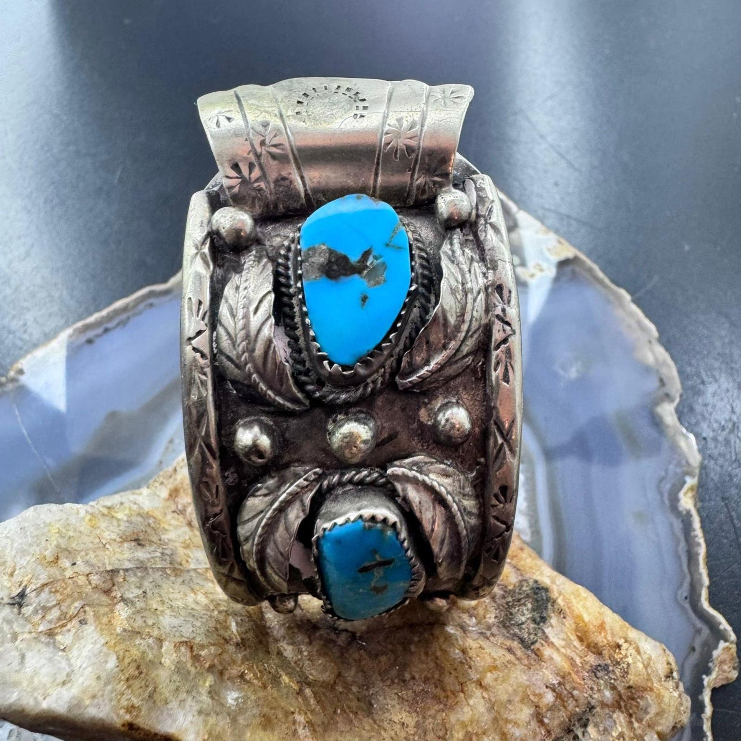 Vintage Signed Native American Sterling Silver 4 Kingman Turquoise Watch Cuff For Men