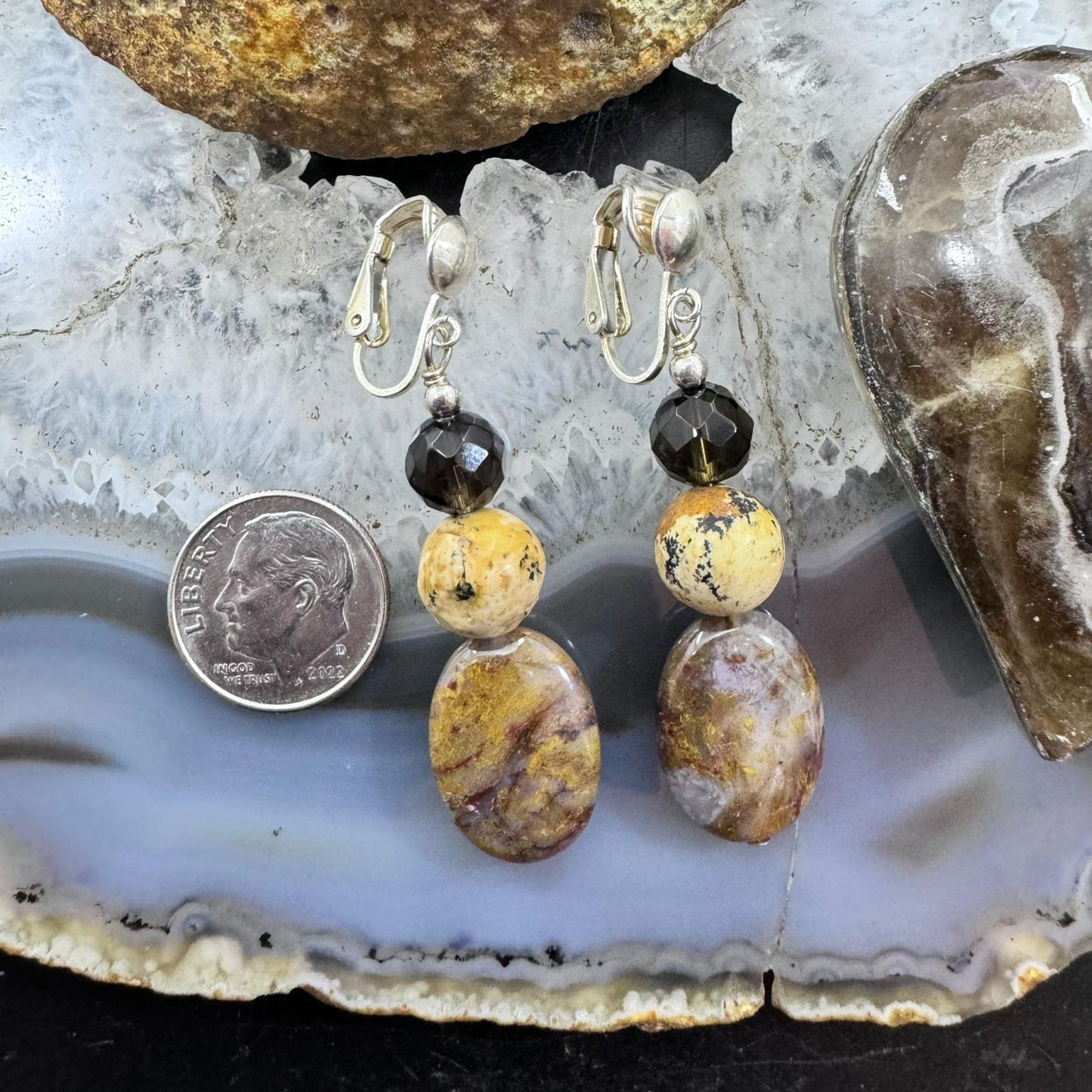 Carolyn Pollack Sterling Silver Smoky Quartz & Jasper Bead Clip-On Earrings For Women