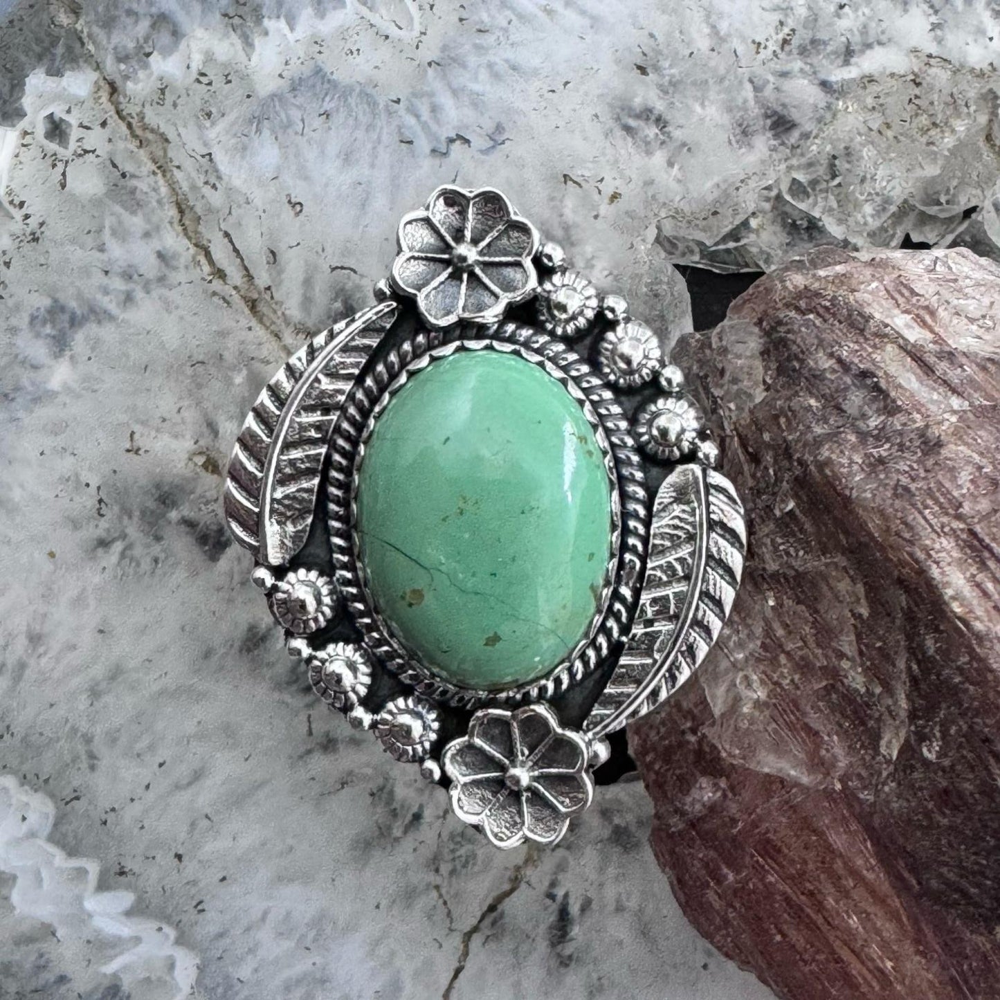 Sterling Silver Southwestern Style Oval Green Turquoise Adjustable Decorated Ring For Women