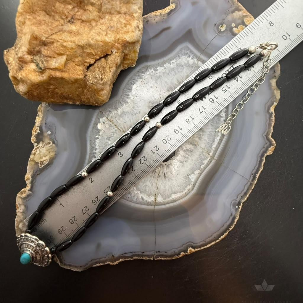 Carolyn Pollack Sterling Silver Turquoise Concho Pendant on Onyx Beads Necklace For Women