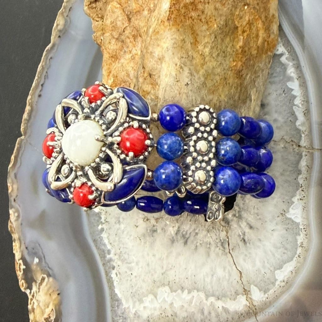 Carolyn Pollack Sterling Jaser, Lapis, Mop,3 Row Wire Stretchy Cuff For Women