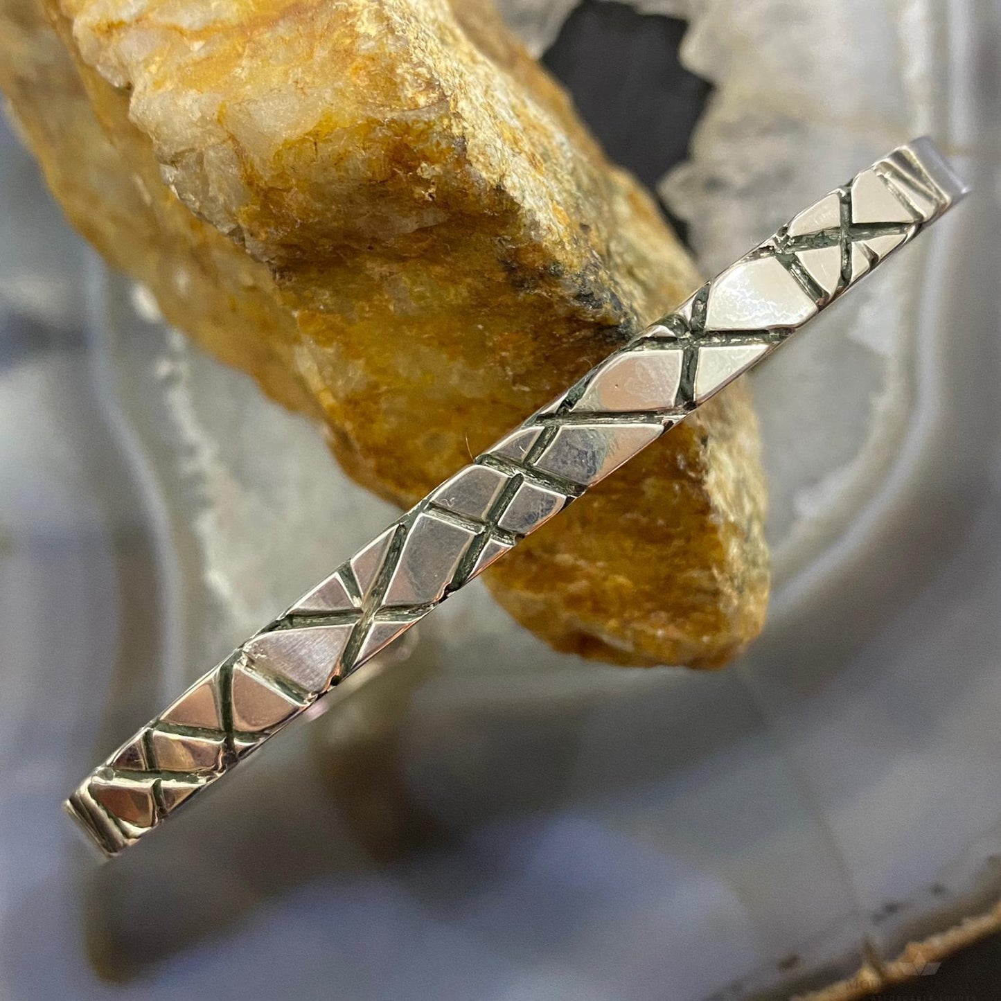 Native American Sterling Silver Engraved Heavy Gauge Solid Bracelet For Men