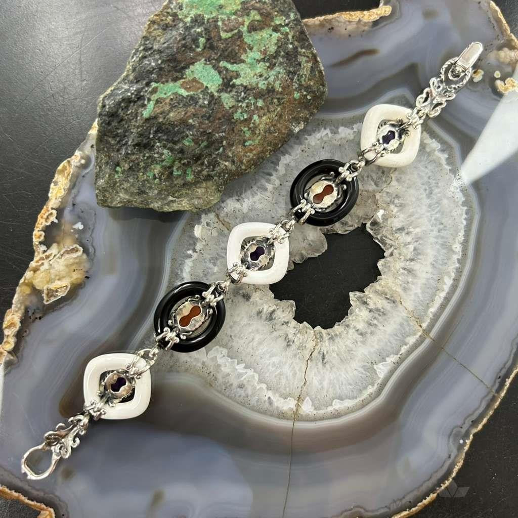 Carolyn Pollack Sterling Silver White & Black Agate Link Bracelet For Women