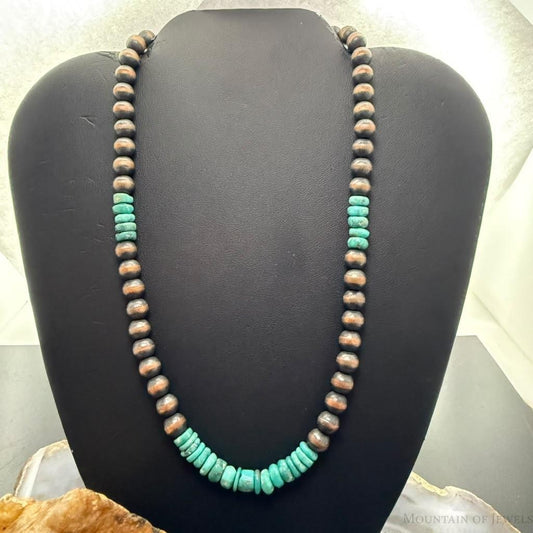 Southwestern Style Copper 8mm Round Navajo Pearl Beades &Turquoise Disk Necklace For Women