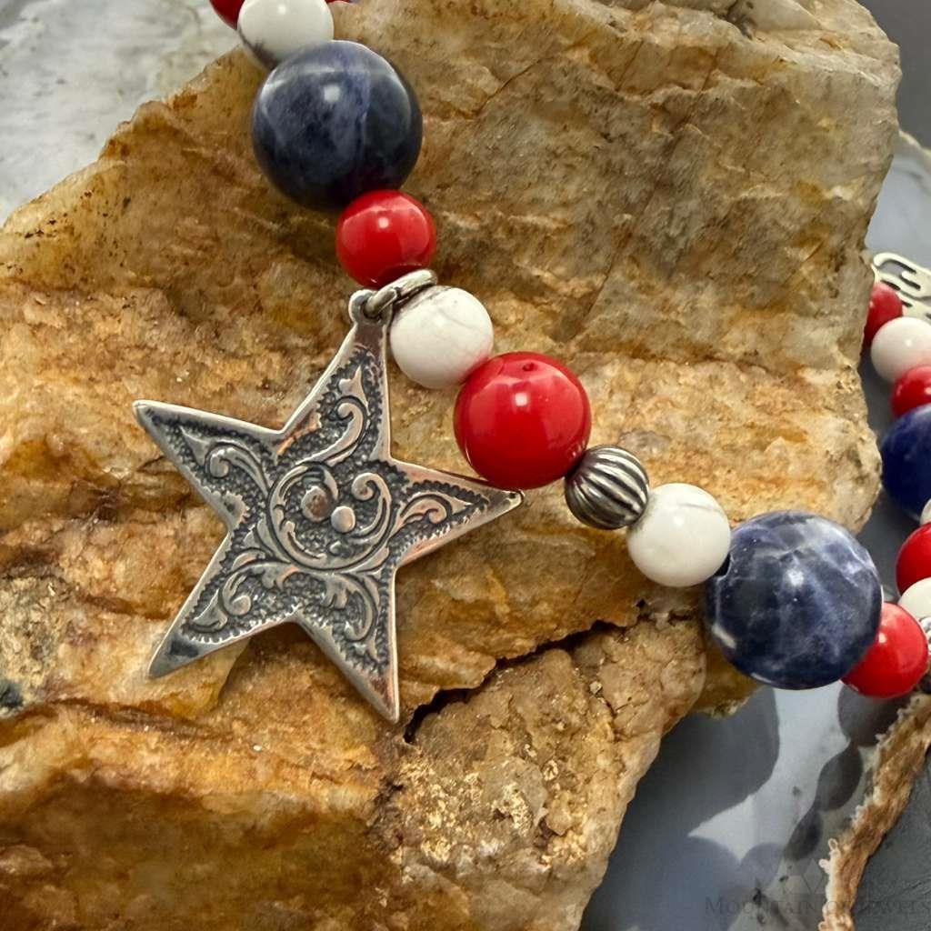 Carolyn Pollack Sterling Silver Multi Gemstone Bead w/Texas Star Charm Bracelet For Women