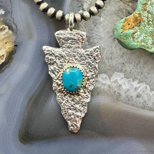 Gary Custer Navajo Native American Sterling Silver Tufa Cast Turquoise Arrowhead Unisex Pendant #1