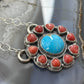 Native American Sterling Silver Round Turquoise &Coral Heart Cluster Pendant W/Necklace For Women